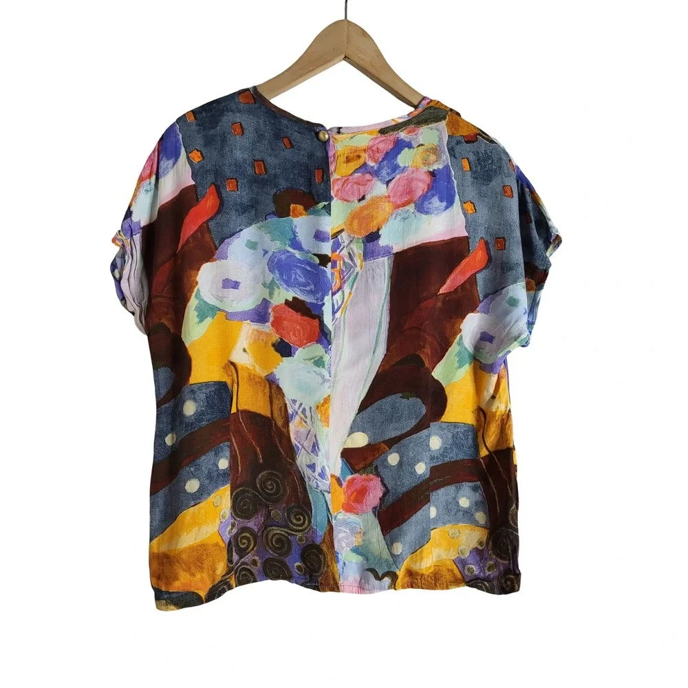 Vintage Carole Little Abstract Art Print Blouse Rayon Crepe Short Sleeve Boho L